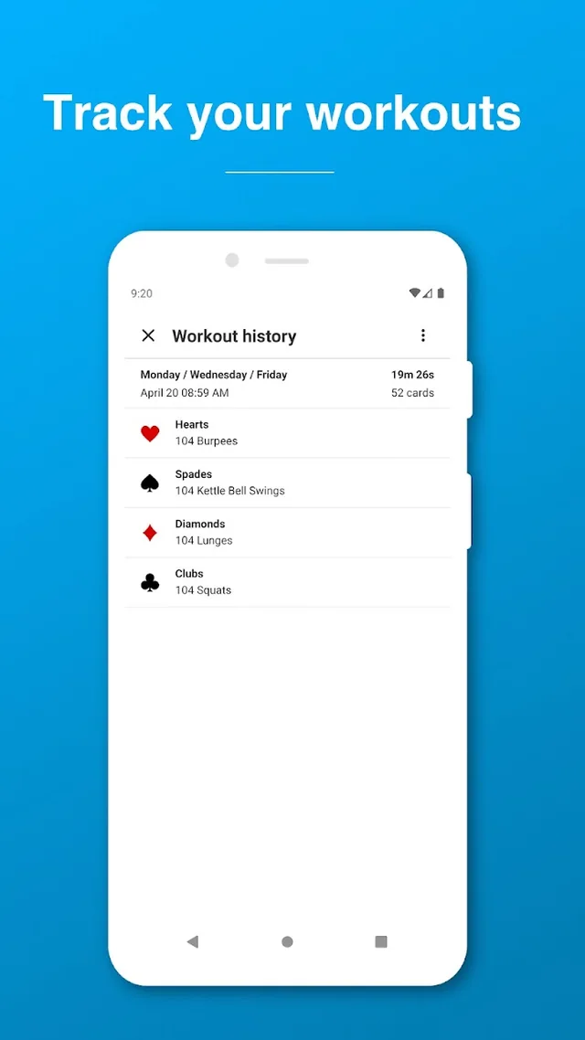 52 Card Workout store preview: workout history.