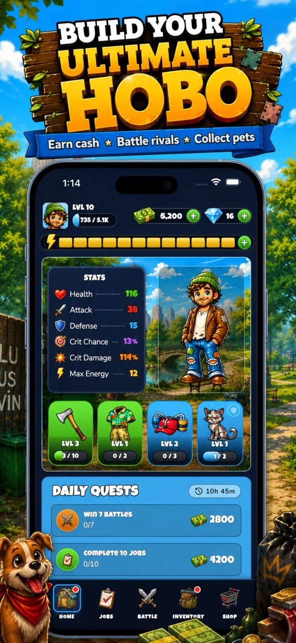 Idle Hobo store preview: build your character.