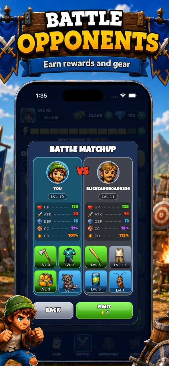 Idle Hobo store preview: battle your rivals.